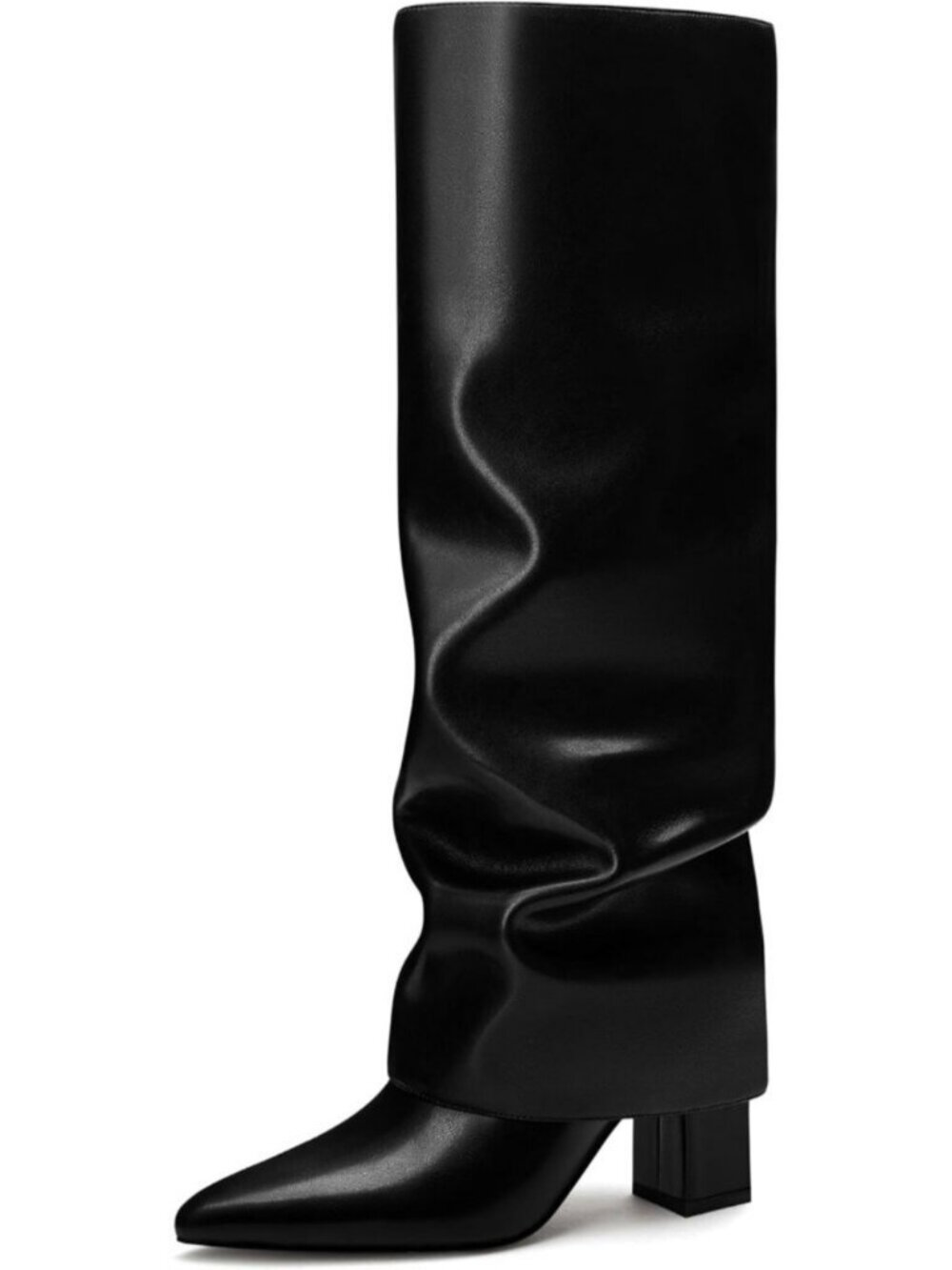 Women's Black Slouchy Knee High Boots Fold Over Chunky Heel Pointed Toe Boots